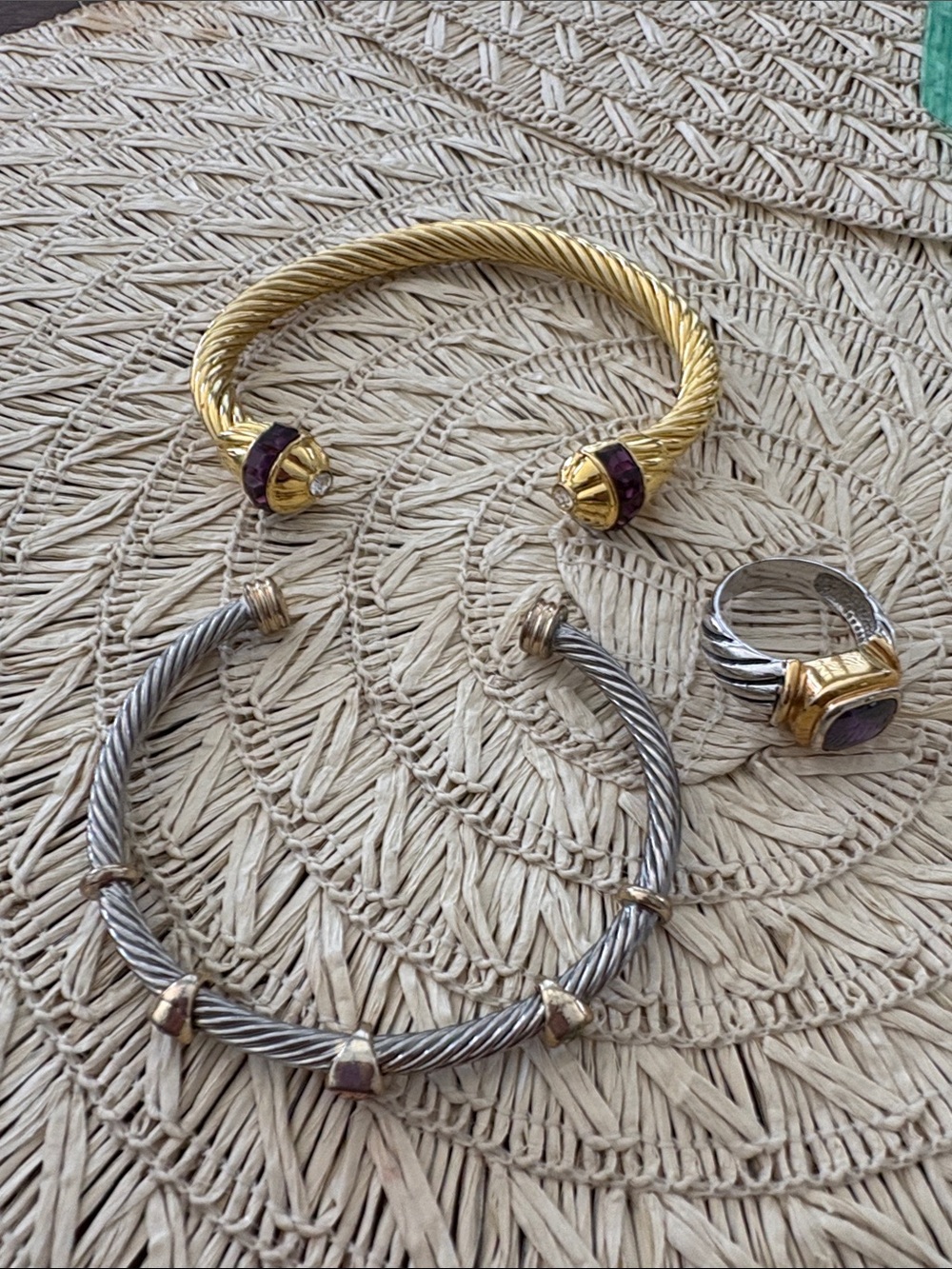 3 Mixed Metal Cuff Bracelet Set with Purple Stone Accents